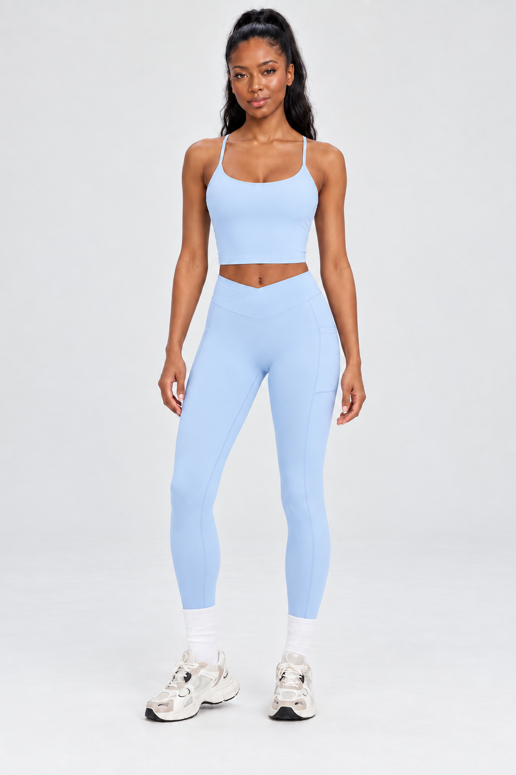 WEARHUB Nylon-Spandex Crisscross Cutout Active Tank — Light Blue, front view