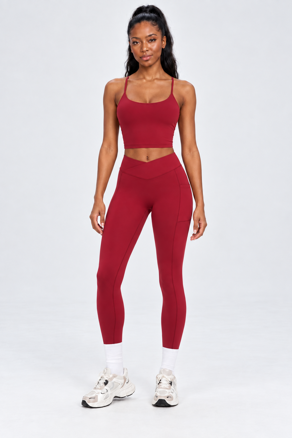 WEARHUB Nylon-Spandex Crisscross Cutout Active Tank — Burgundy, front view