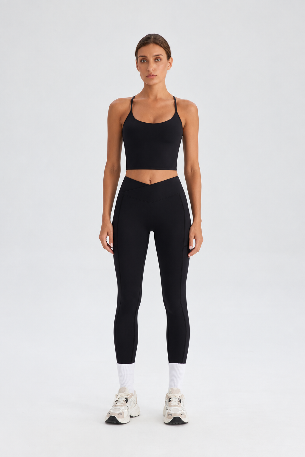 WEARHUB Nylon-Spandex Crisscross Cutout Active Tank — Black, front view