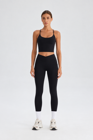 WEARHUB Nylon-Spandex Crisscross Cutout Active Tank — Black, front view