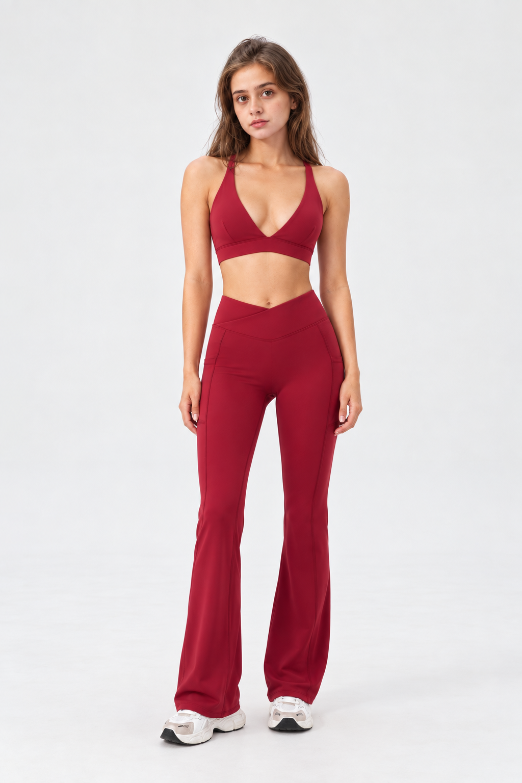 WEARHUB Nylon-Spandex Deep-V Crisscross Sports Bra — Burgundy, front view