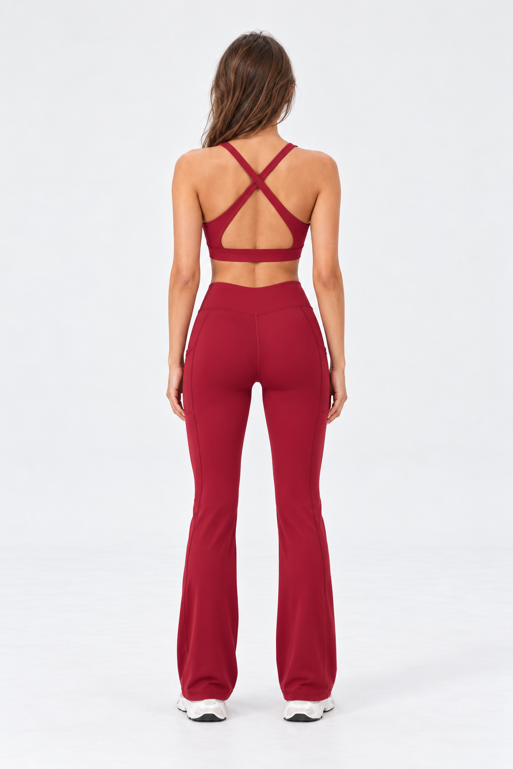 WEARHUB Nylon-Spandex Deep-V Crisscross Sports Bra — Burgundy, back view