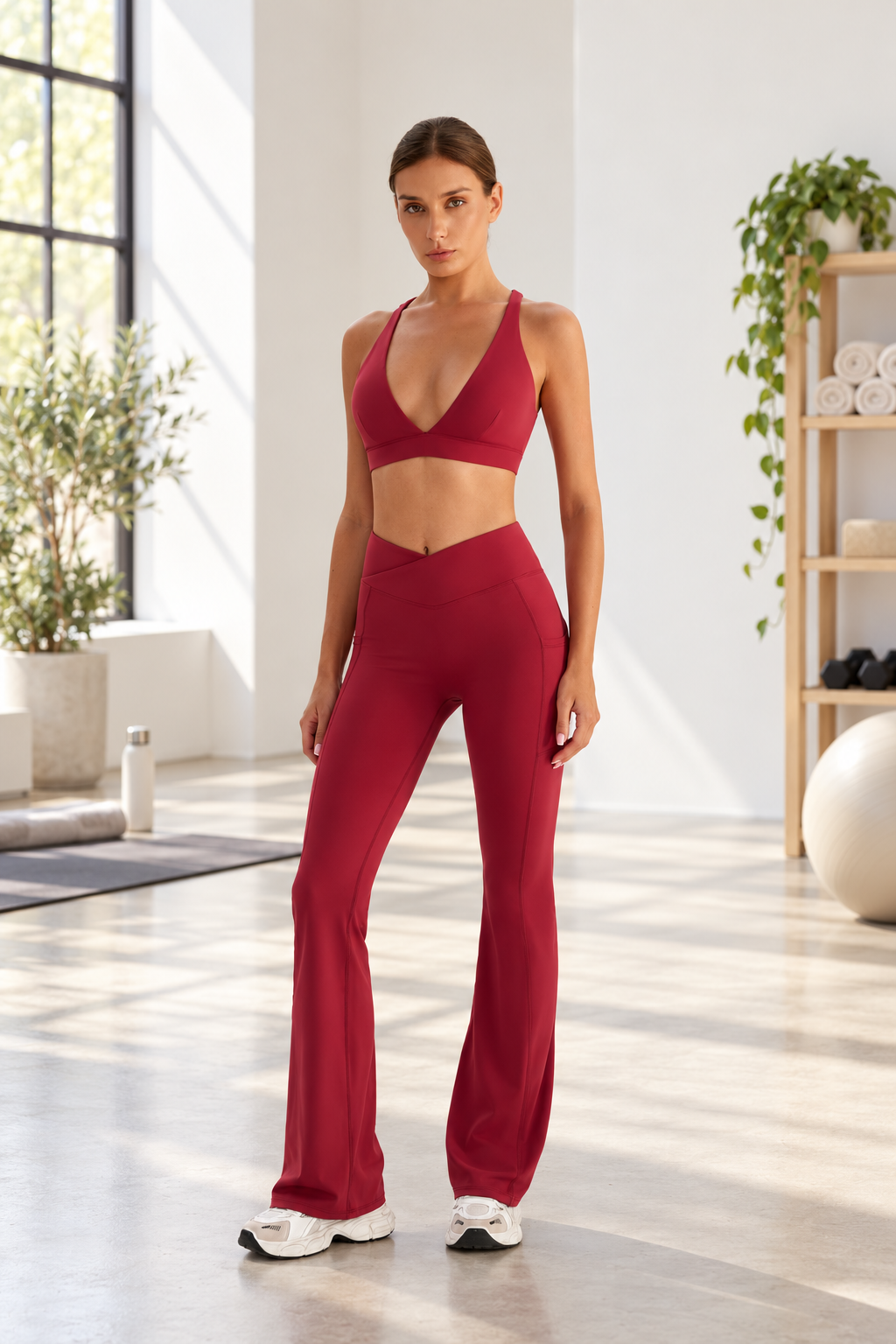WEARHUB Nylon-Spandex Deep-V Crisscross Sports Bra — Burgundy, lifestyle view