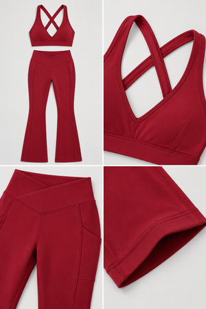 WEARHUB Nylon-Spandex Deep-V Crisscross Sports Bra — Burgundy, fabric and stitching detail