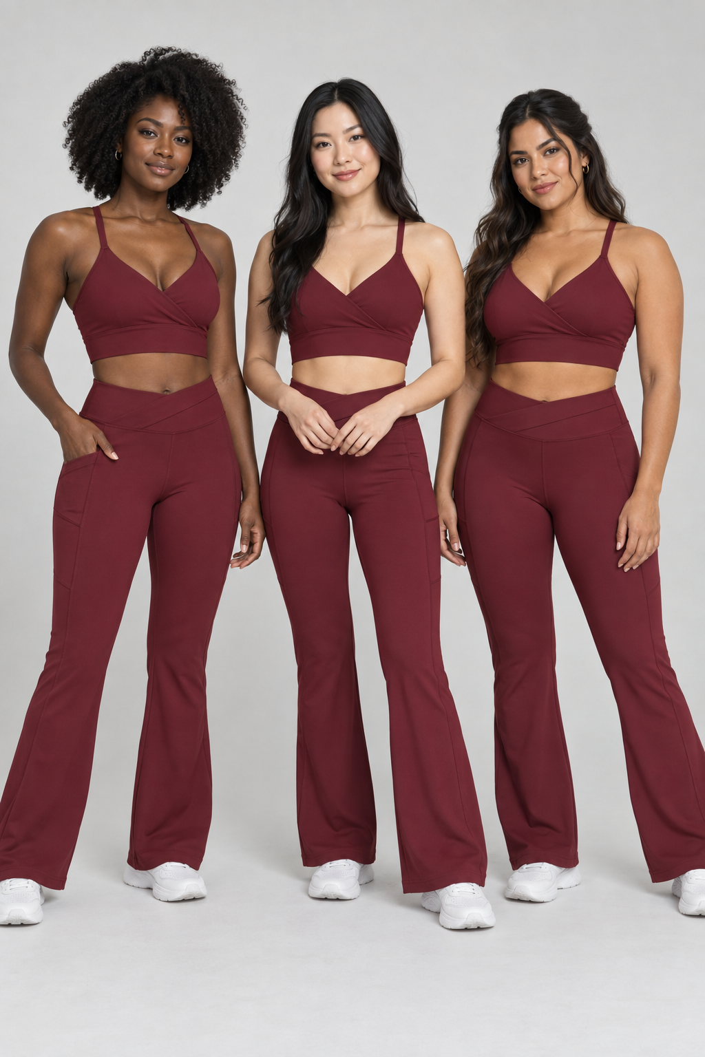 WEARHUB Nylon-Spandex Deep-V Crisscross Sports Bra — Burgundy, on multiple models