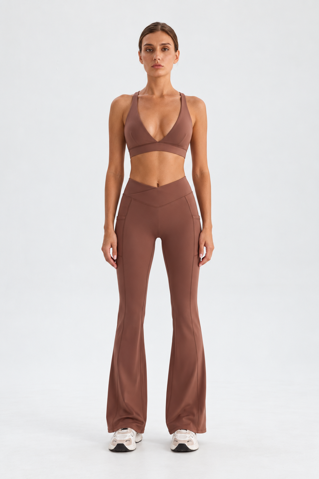 WEARHUB Nylon-Spandex Deep-V Crisscross Sports Bra — Brown, front view