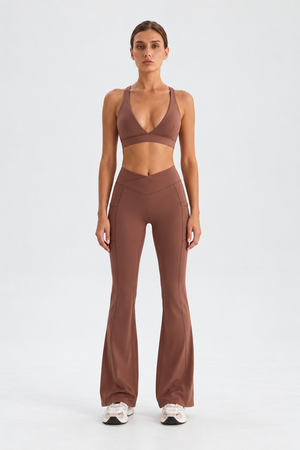 WEARHUB Nylon-Spandex Deep-V Crisscross Sports Bra — Brown, front view
