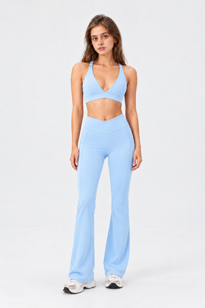 WEARHUB Nylon-Spandex Deep-V Crisscross Sports Bra — Light Blue, front view