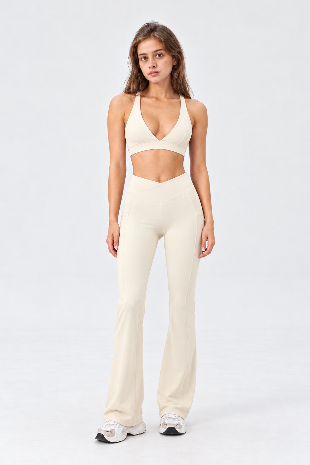 WEARHUB Nylon-Spandex Deep-V Crisscross Sports Bra — Off-White, front view