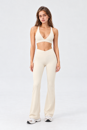 WEARHUB Nylon-Spandex Deep-V Crisscross Sports Bra — Off-White, front view