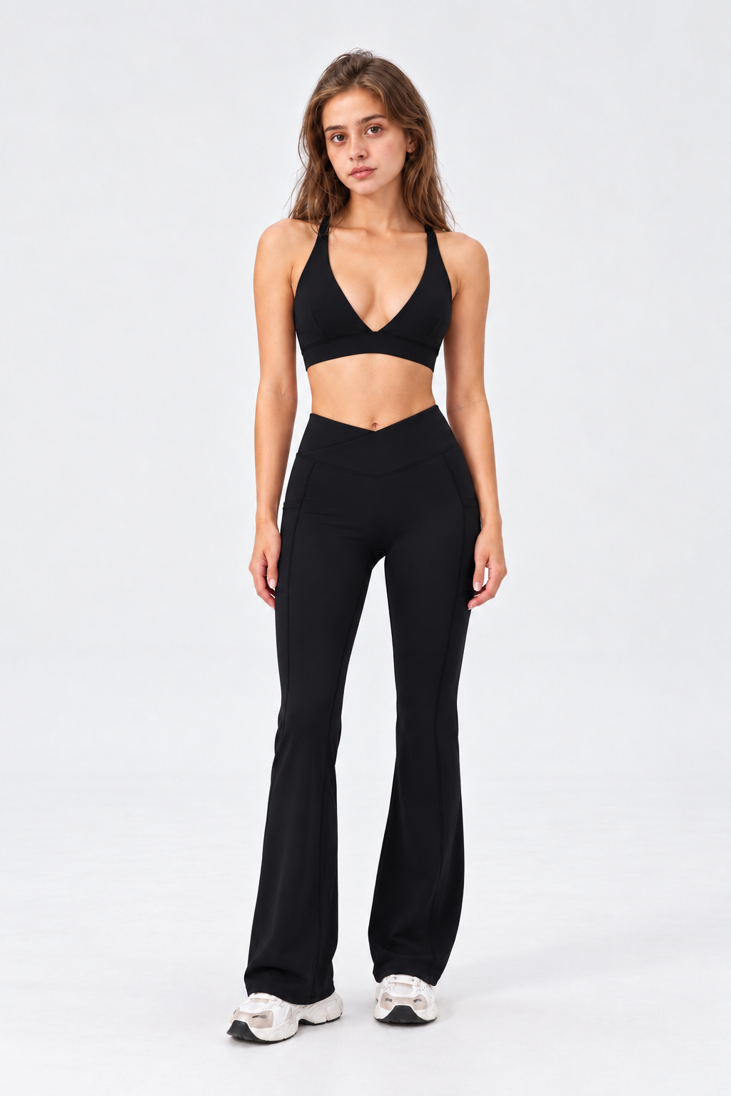 WEARHUB Nylon-Spandex Deep-V Crisscross Sports Bra — Black, front view