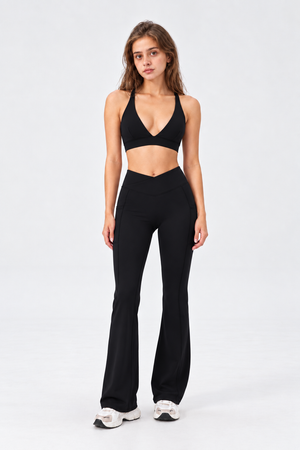 WEARHUB Nylon-Spandex Deep-V Crisscross Sports Bra — Black, front view