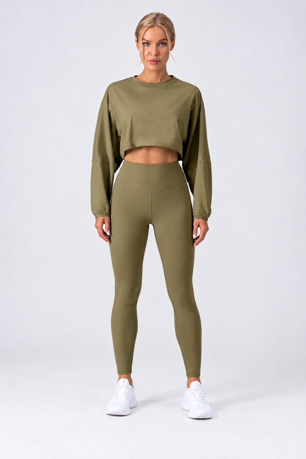 WEARHUB Nylon-Spandex Stretch Long-Sleeve Active Top — Army Green, front view