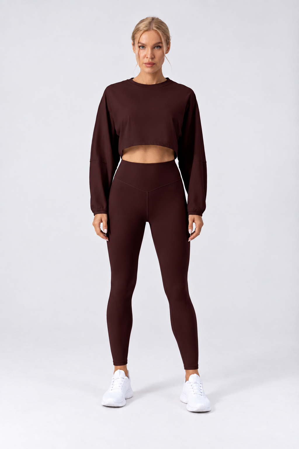 WEARHUB Nylon-Spandex Stretch Long-Sleeve Active Top — Dark Brown, front view