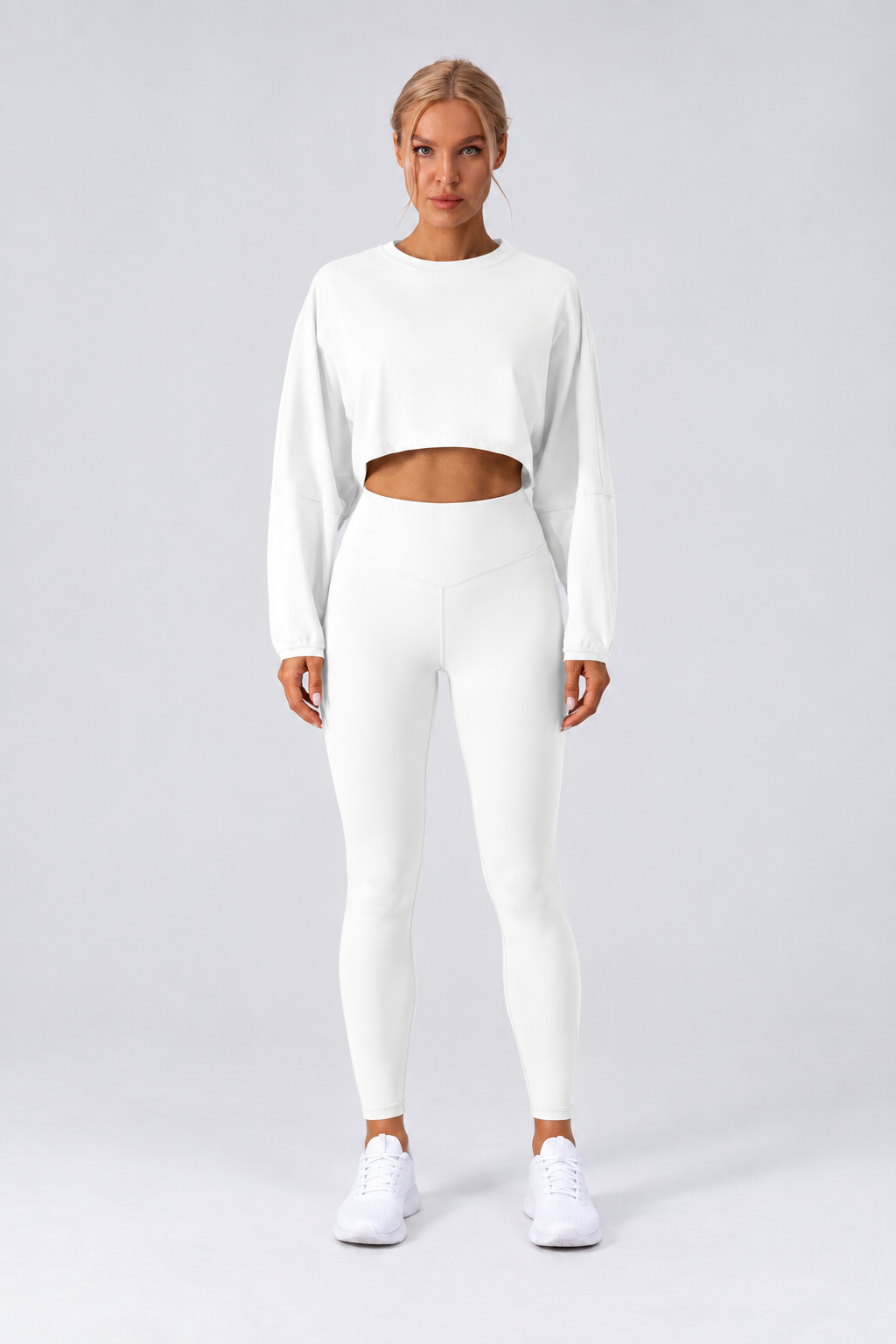 WEARHUB Nylon-Spandex Stretch Long-Sleeve Active Top — White, front view
