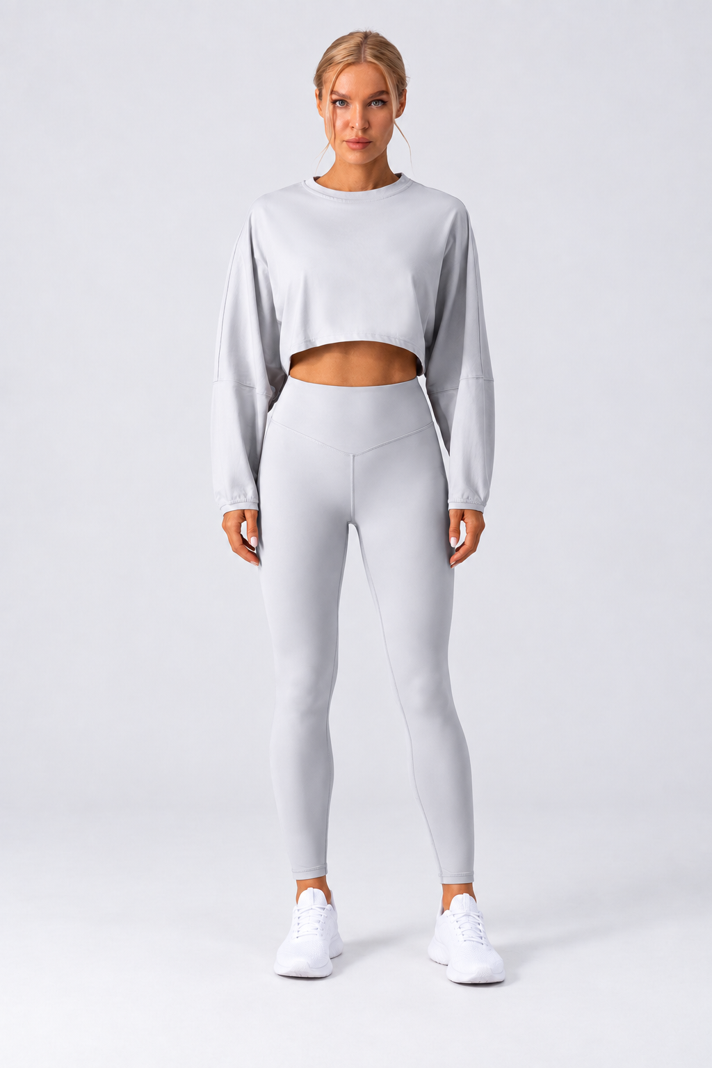 WEARHUB Nylon-Spandex Stretch Long-Sleeve Active Top — Off-White, front view