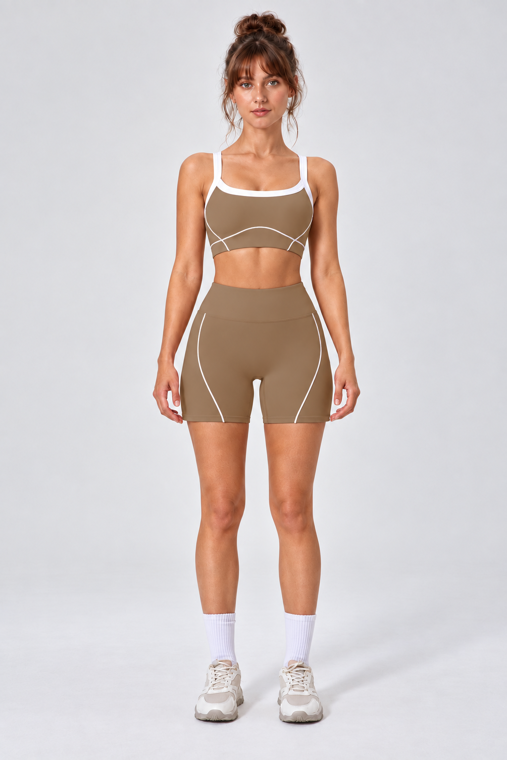 WEARHUB Nylon-Spandex Stretch Active Shorts — Khaki, front view