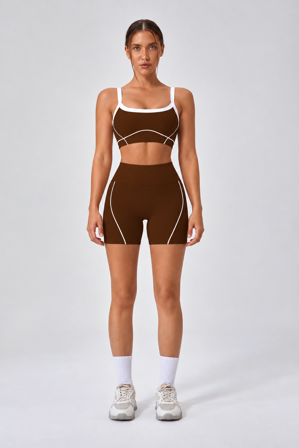 WEARHUB Nylon-Spandex Stretch Active Shorts — Dark Brown, front view