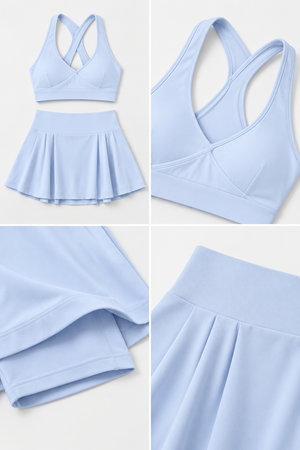 WEARHUB Nylon-Spandex High-Waist Pocket Active Skort — Light Blue, fabric and stitching detail