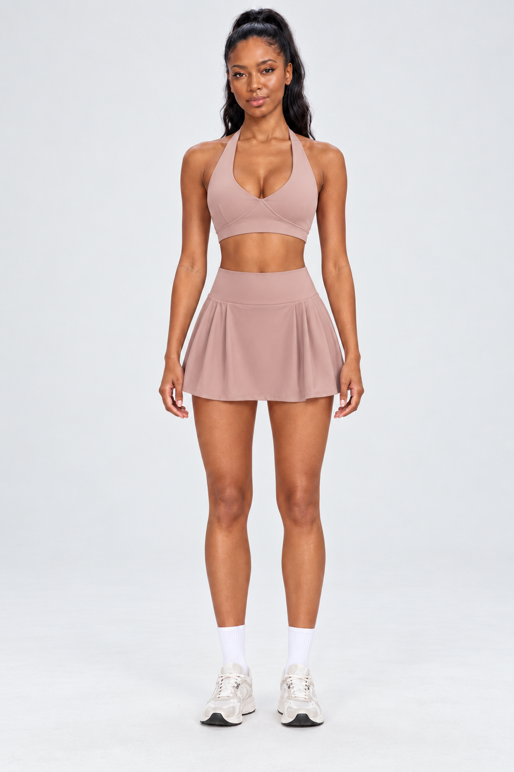 WEARHUB Nylon-Spandex High-Waist Pocket Active Skort — Dusty Pink, front view