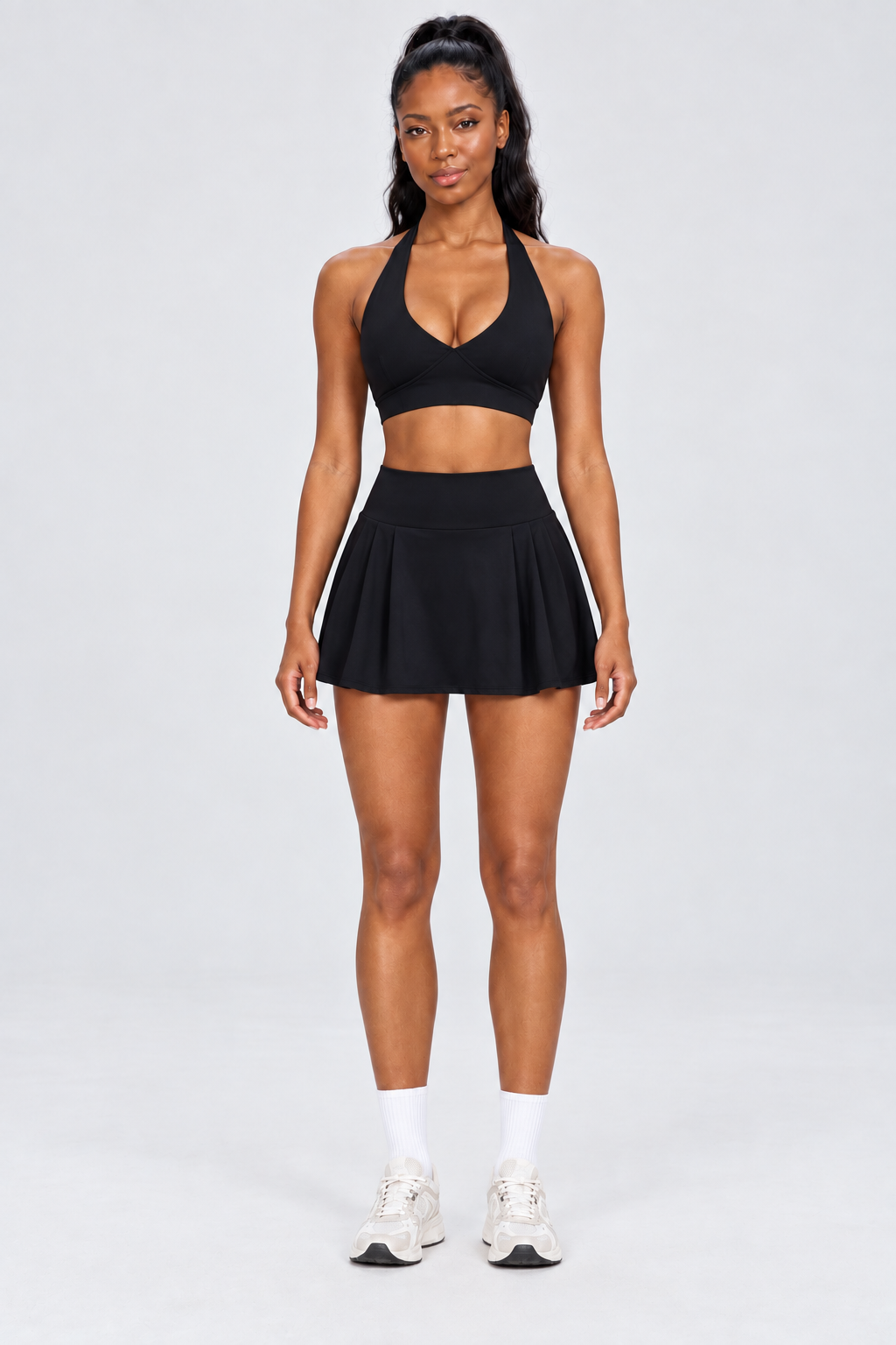 WEARHUB Nylon-Spandex High-Waist Pocket Active Skort — Black, front view