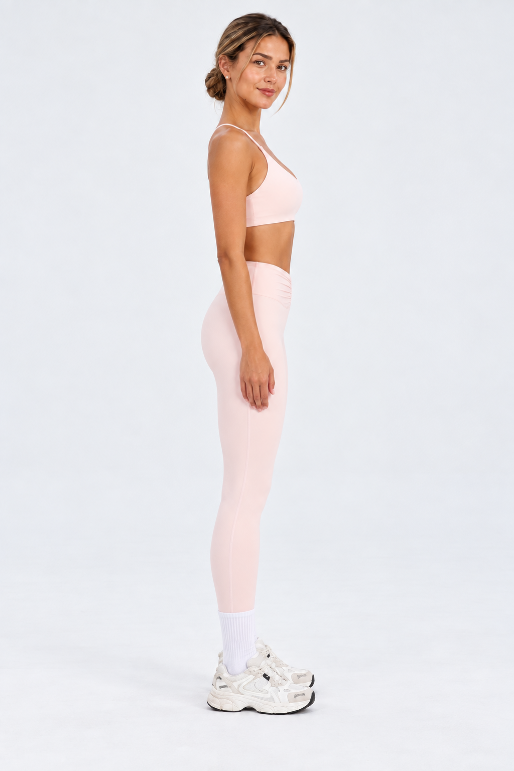 WEARHUB Nylon-Spandex High-Waist Ruched Yoga Leggings — Light Pink, side view