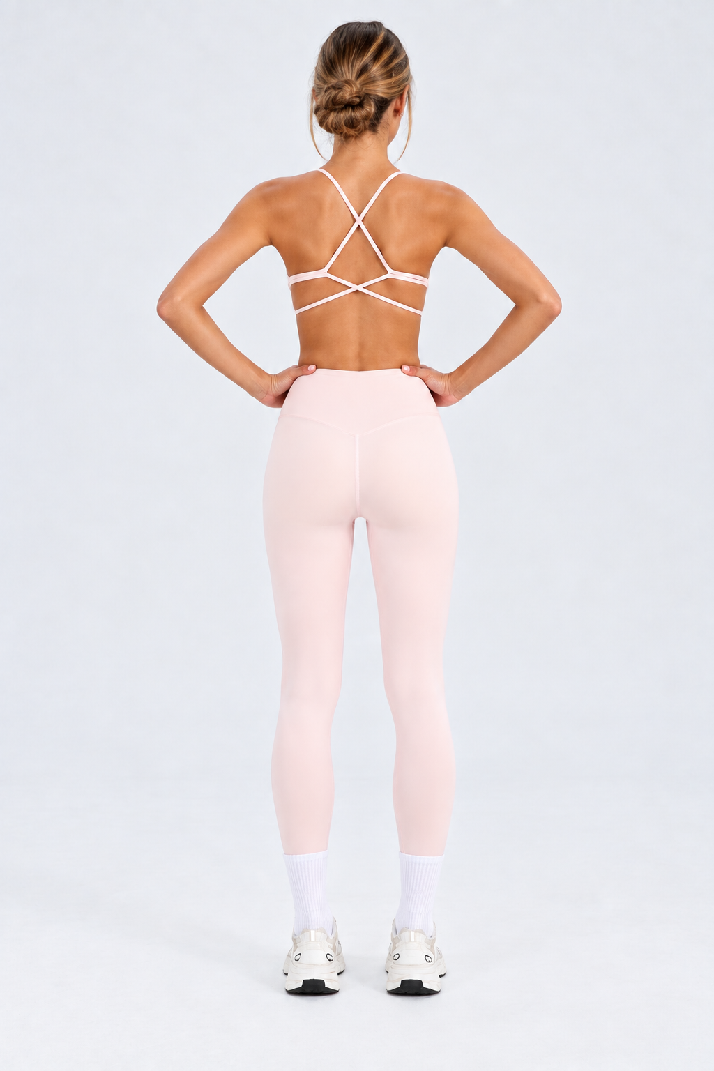 WEARHUB Nylon-Spandex High-Waist Ruched Yoga Leggings — Light Pink, back view