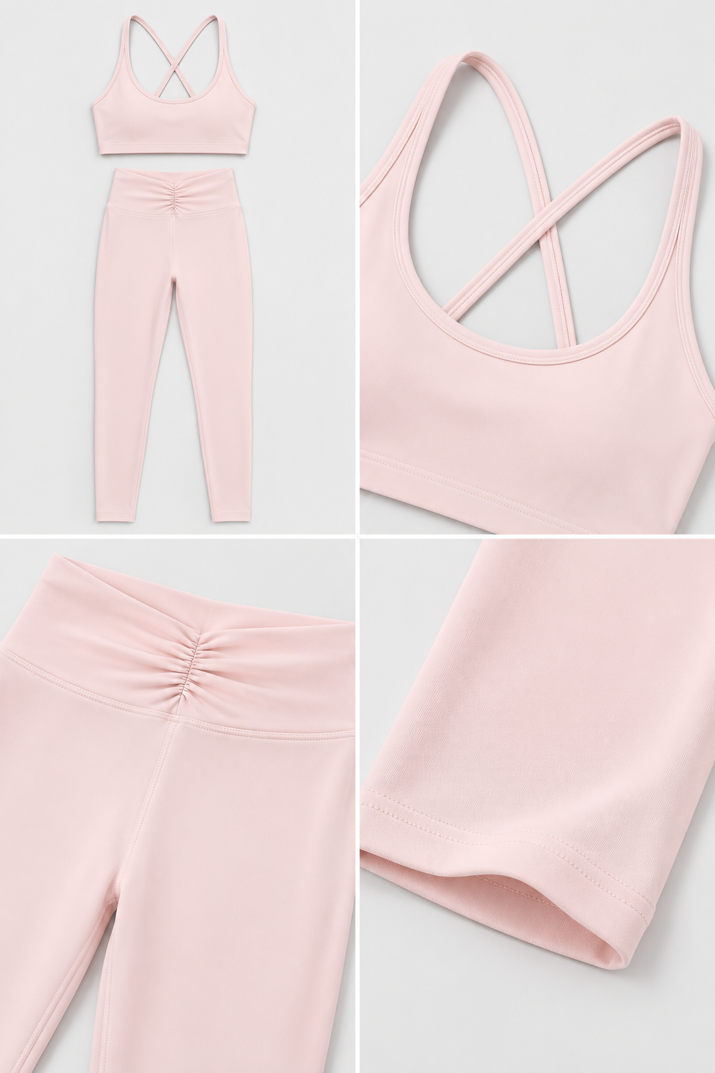 WEARHUB Nylon-Spandex High-Waist Ruched Yoga Leggings — Light Pink, fabric and stitching detail
