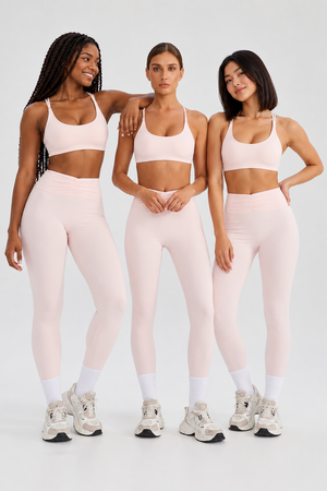 WEARHUB Nylon-Spandex High-Waist Ruched Yoga Leggings — Light Pink, on multiple models