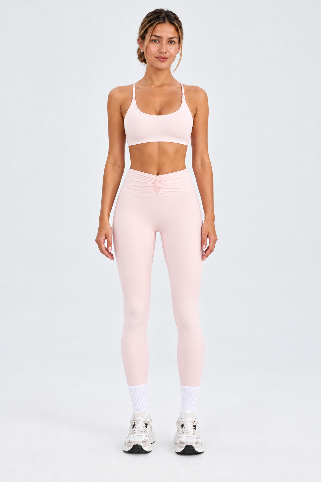 WEARHUB Nylon-Spandex High-Waist Ruched Yoga Leggings — Light Blue, front view