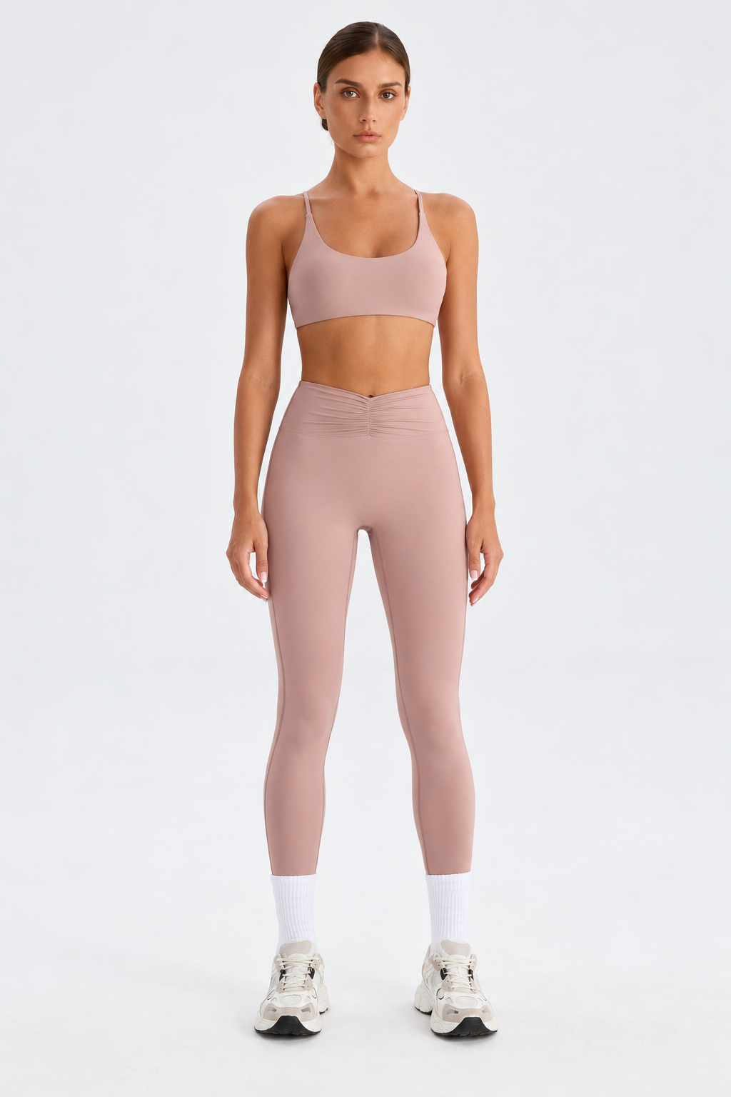 WEARHUB Nylon-Spandex High-Waist Ruched Yoga Leggings — Dusty Pink, front view