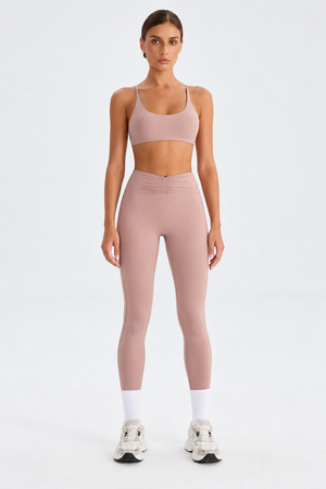 WEARHUB Nylon-Spandex High-Waist Ruched Yoga Leggings — Dusty Pink, front view