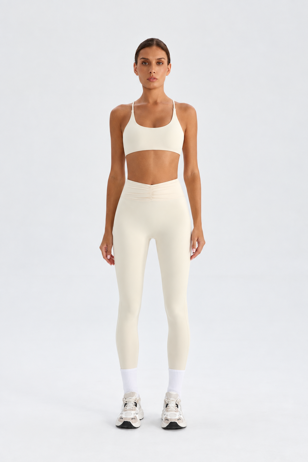 WEARHUB Nylon-Spandex High-Waist Ruched Yoga Leggings — Off-White, front view