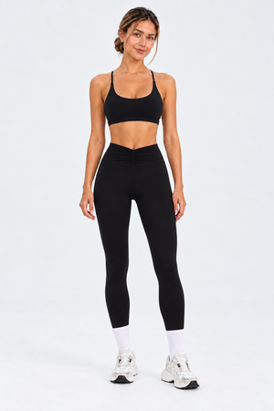 WEARHUB Nylon-Spandex High-Waist Ruched Yoga Leggings — Black, front view