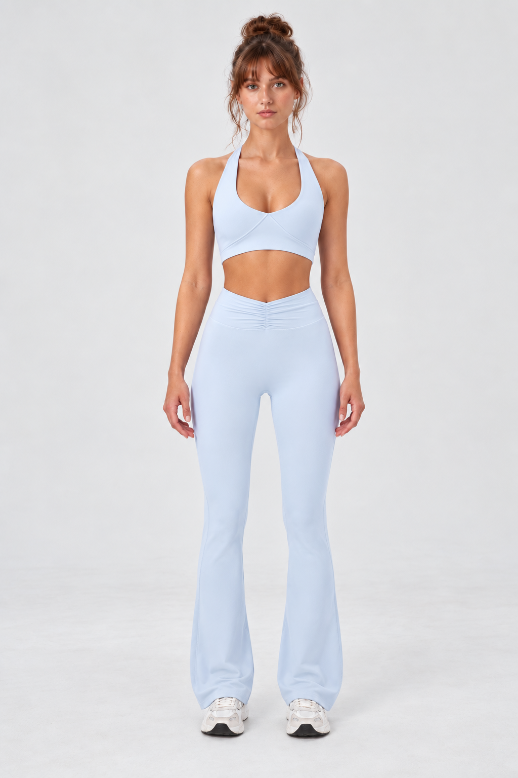 WEARHUB Nylon-Spandex High-Waist Ruched Flared Pants — Light Blue, front view