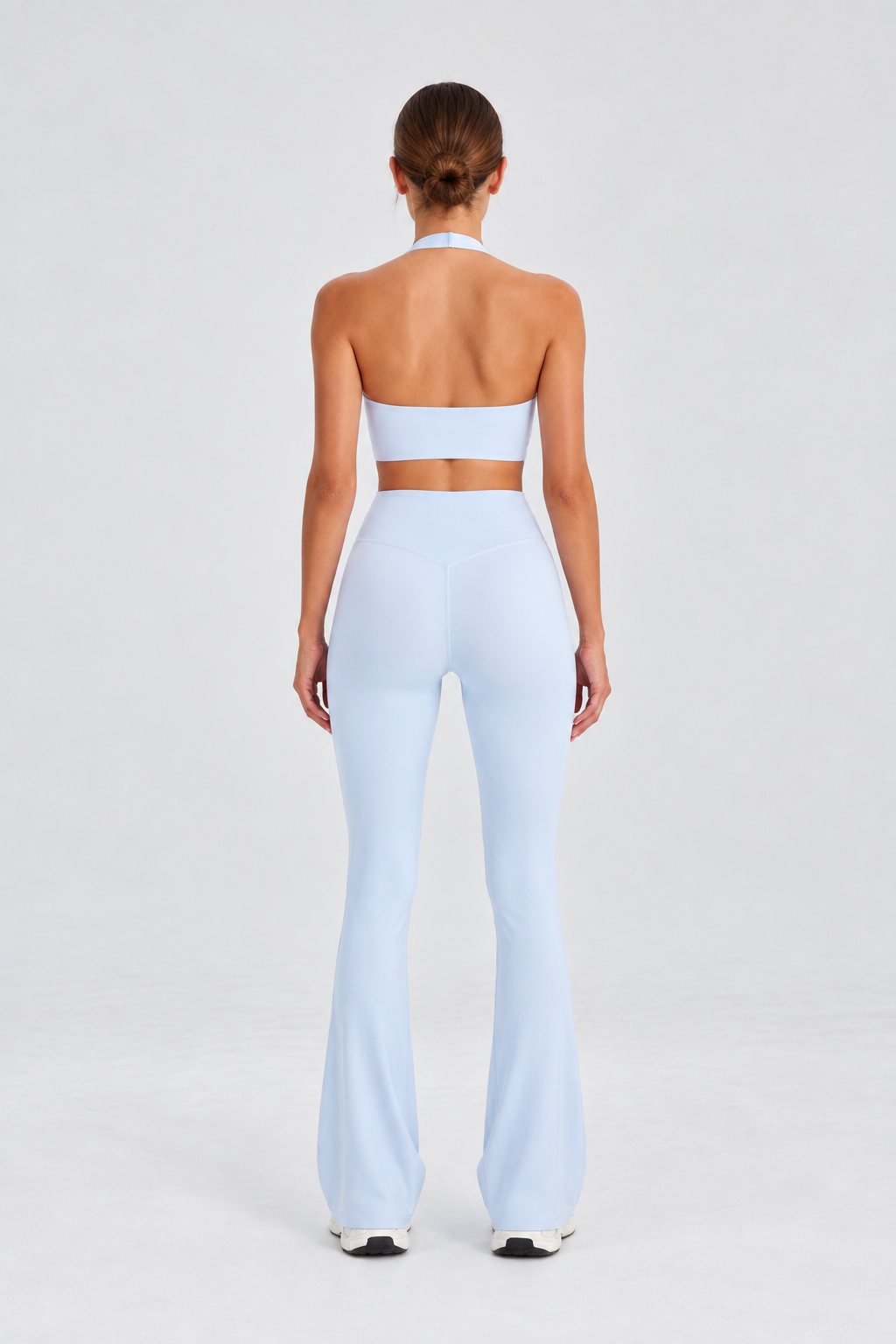 WEARHUB Nylon-Spandex High-Waist Ruched Flared Pants — Light Blue, back view