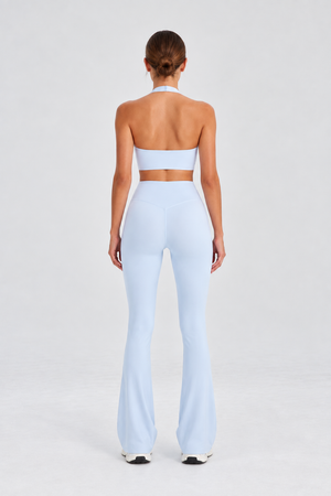 WEARHUB Nylon-Spandex High-Waist Ruched Flared Pants — Light Blue, back view