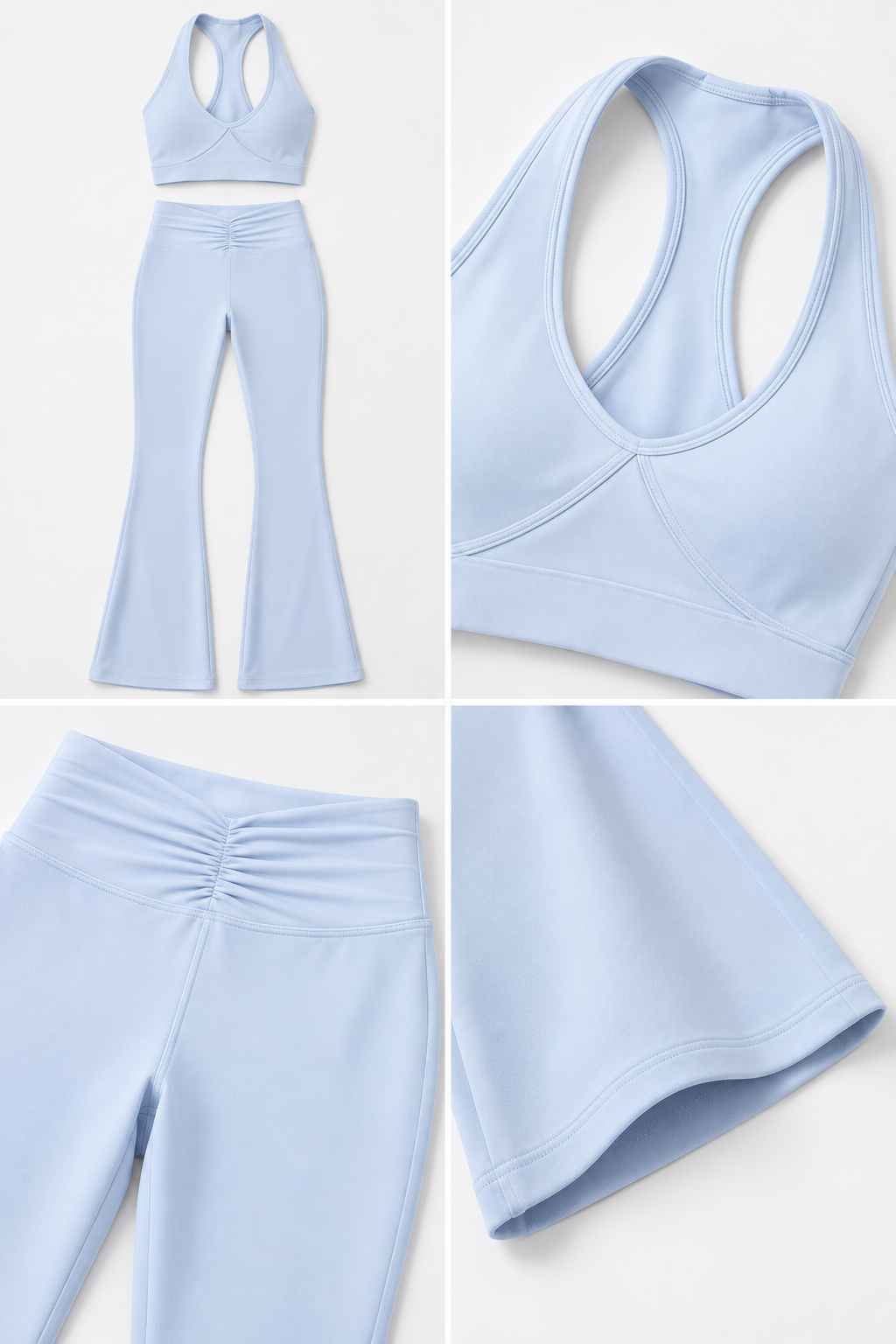 WEARHUB Nylon-Spandex High-Waist Ruched Flared Pants — Light Blue, fabric and stitching detail