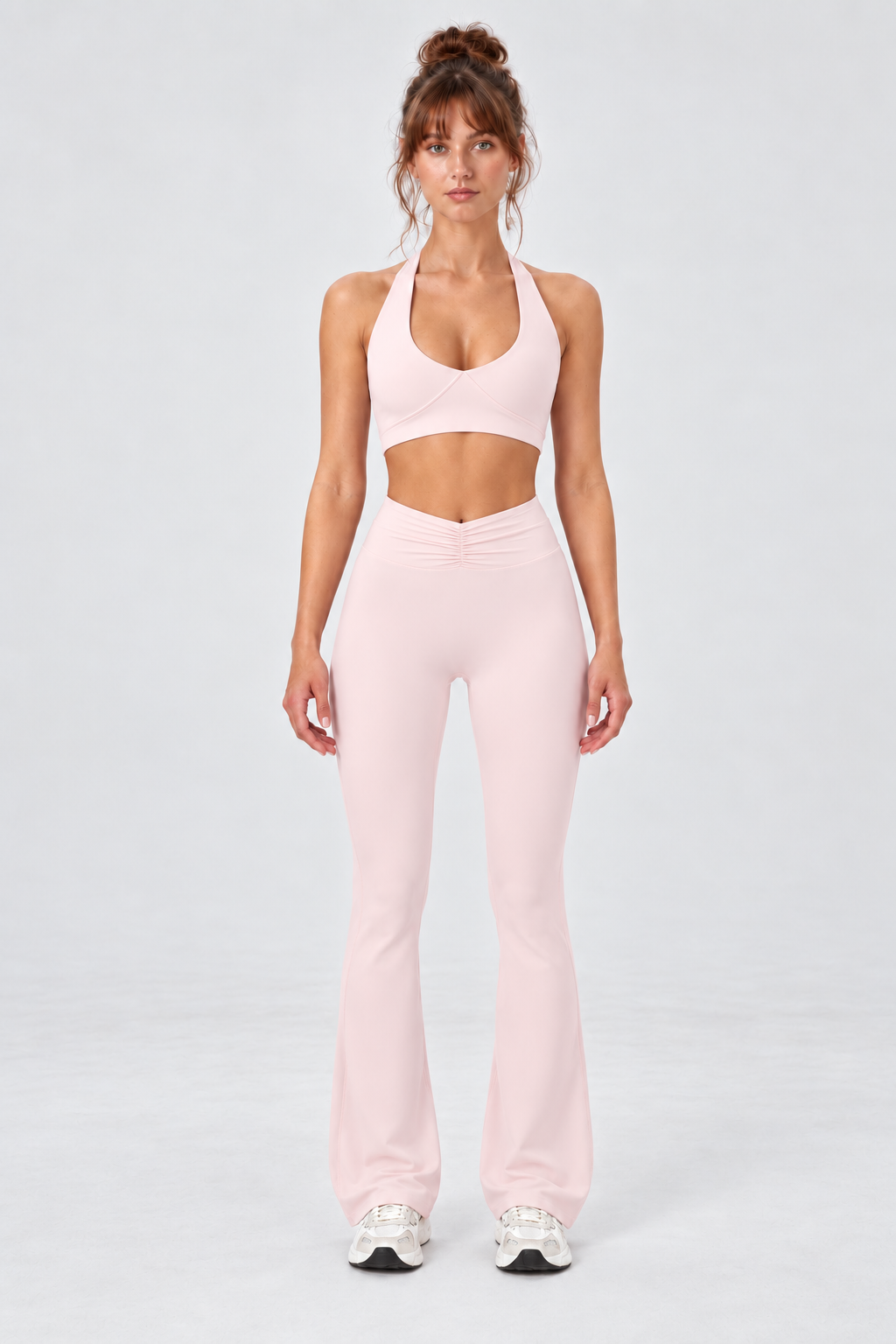 WEARHUB Nylon-Spandex High-Waist Ruched Flared Pants — Light Pink, front view