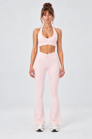 WEARHUB Nylon-Spandex High-Waist Ruched Flared Pants — Light Pink, front view