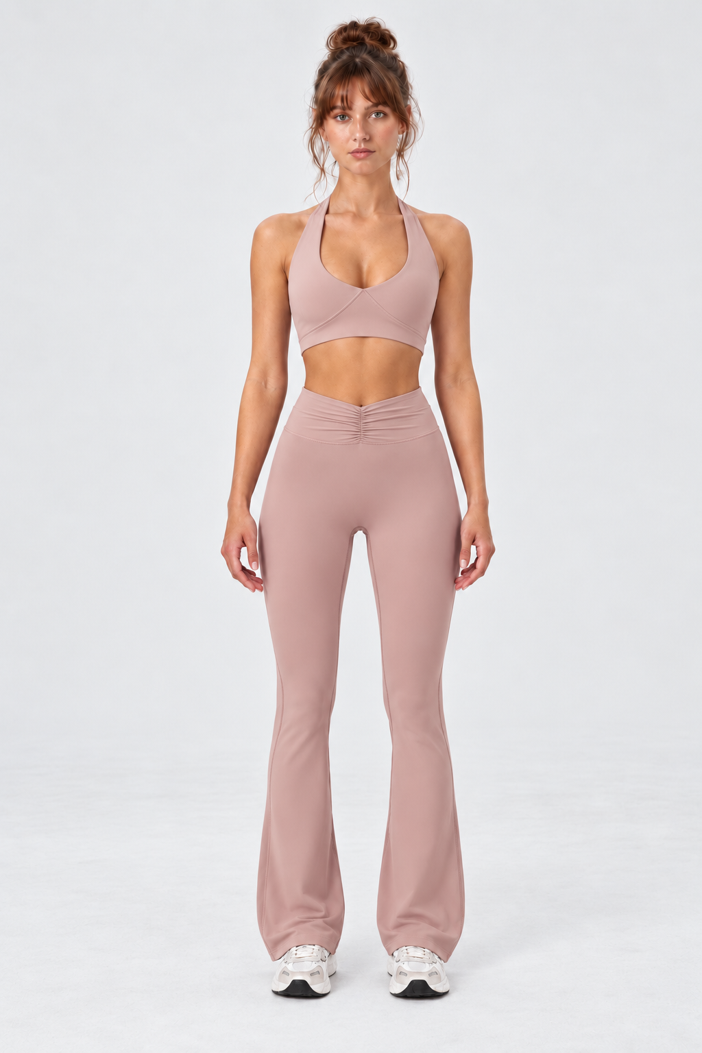WEARHUB Nylon-Spandex High-Waist Ruched Flared Pants — Dusty Pink, front view