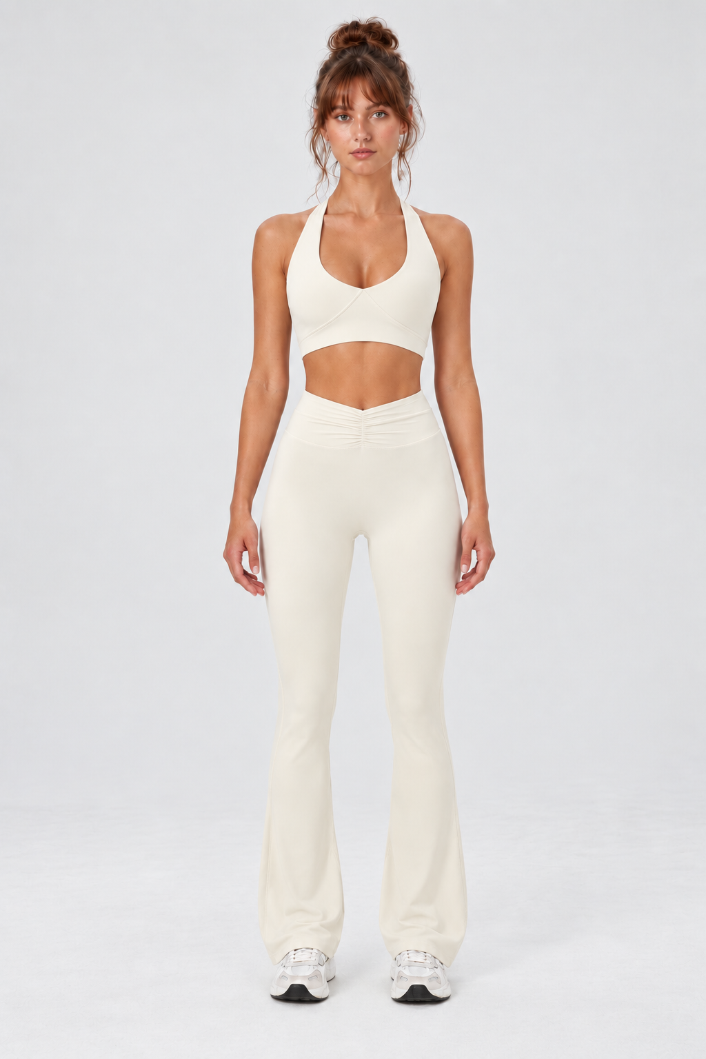WEARHUB Nylon-Spandex High-Waist Ruched Flared Pants — Off-White, front view