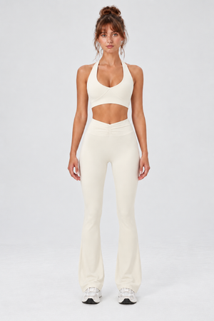 WEARHUB Nylon-Spandex High-Waist Ruched Flared Pants — Off-White, front view