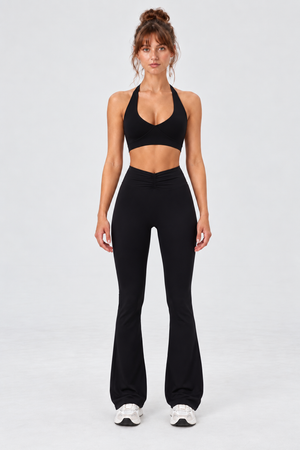 WEARHUB Nylon-Spandex High-Waist Ruched Flared Pants — Black, front view