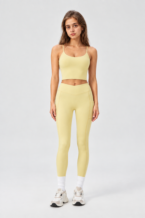 WEARHUB Nylon-Spandex High-Waist Crossover Active Leggings — Light Yellow, front view