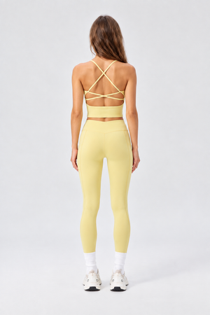WEARHUB Nylon-Spandex High-Waist Crossover Active Leggings — Light Yellow, back view