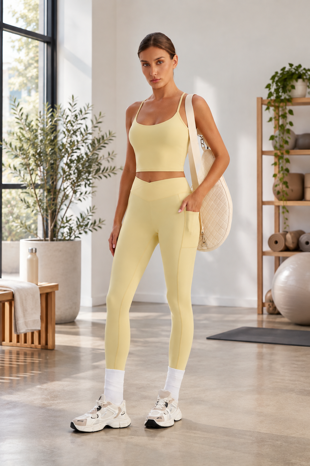 WEARHUB Nylon-Spandex High-Waist Crossover Active Leggings — Light Yellow, lifestyle view