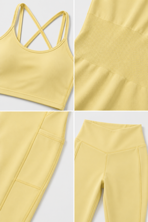 WEARHUB Nylon-Spandex High-Waist Crossover Active Leggings — Light Yellow, fabric and stitching detail
