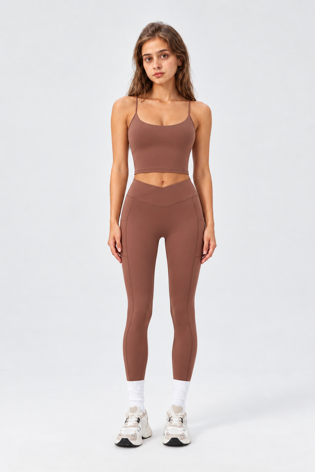 WEARHUB Nylon-Spandex High-Waist Crossover Active Leggings — Brown, front view