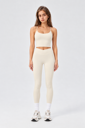 WEARHUB Nylon-Spandex High-Waist Crossover Active Leggings — Off-White, front view
